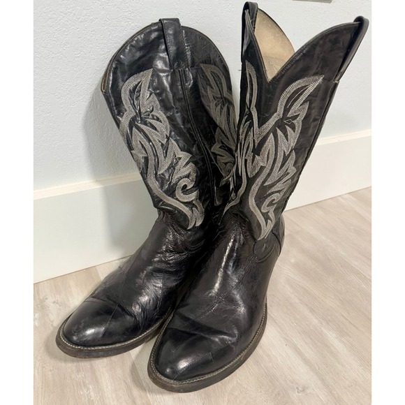 Cowtown Vibram Sole Leather Cowboy Classic Black White Thread Cowboy Boots 12 - Picture 9 of 11
